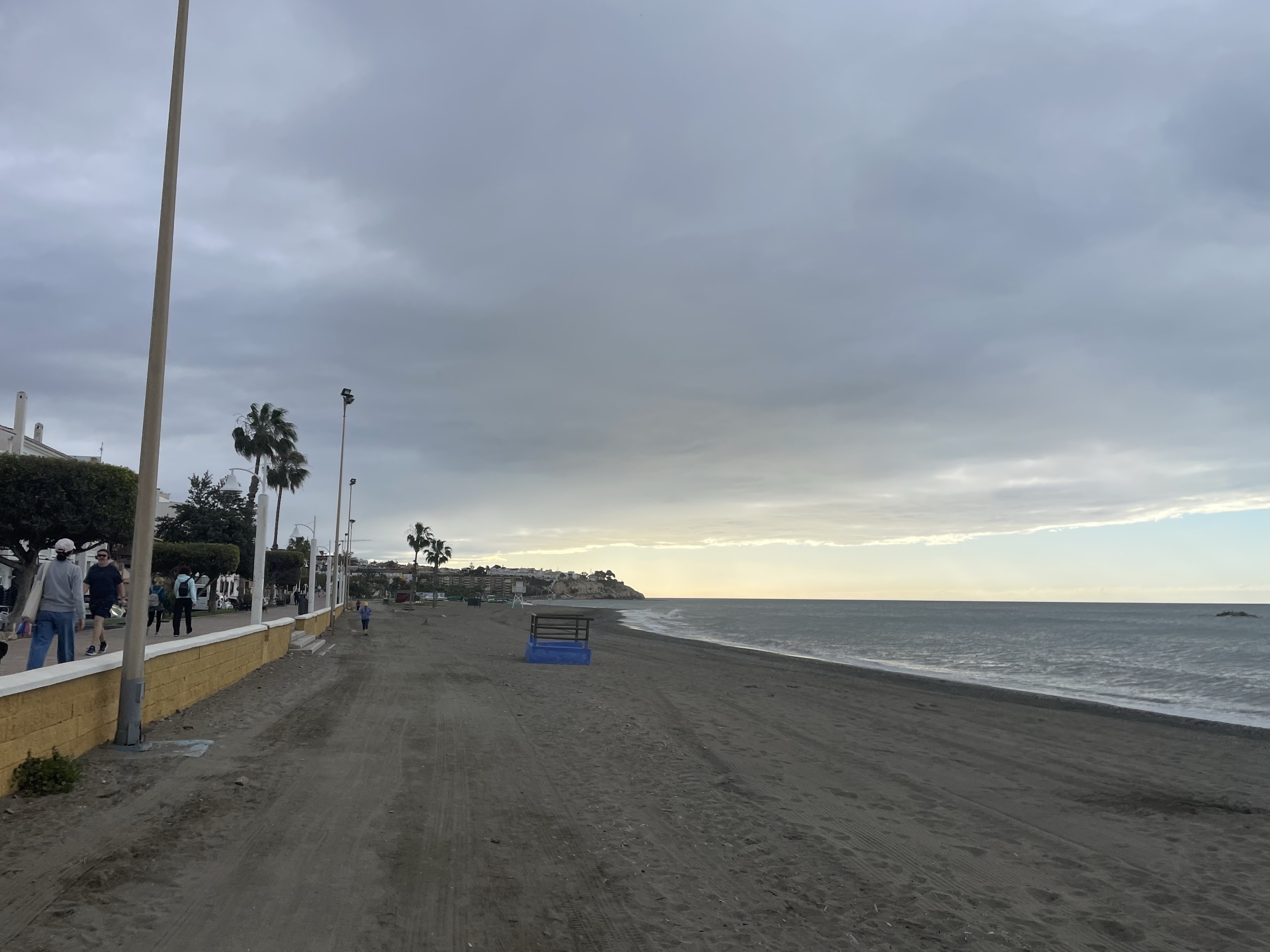 A cloudy beach scene with a sandy path, palm trees, and people walking along the shore.
